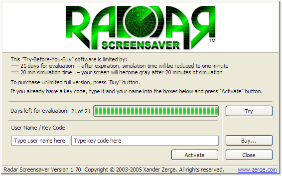 Radar Screensaver reminder (nag) window screenshot
