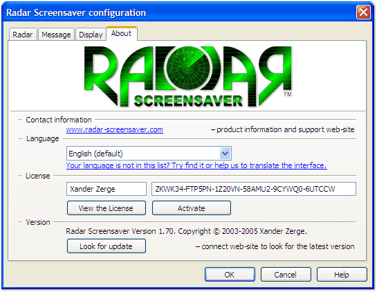 Radar Screensaver configuration window screenshot: "About" tab
