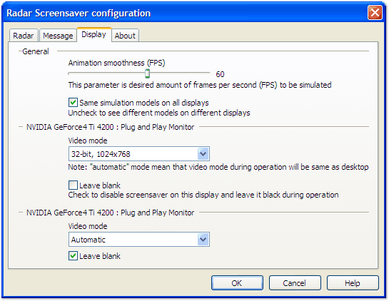 Radar Screensaver configuration window screenshot: "Display" tab