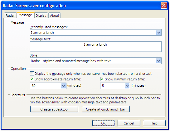 Radar Screensaver configuration window screenshot: "Message" tab