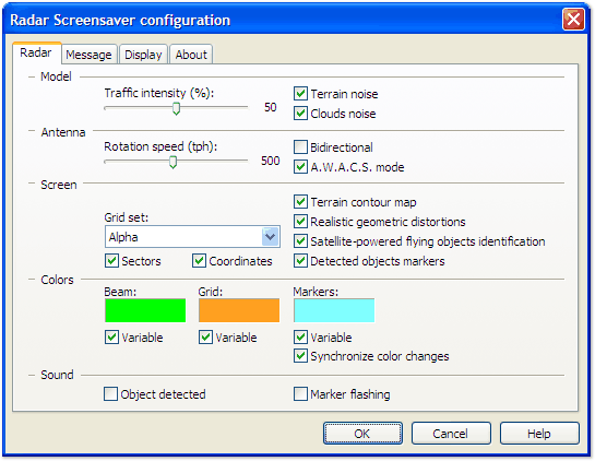 Radar Screensaver configuration window screenshot: "Radar" tab